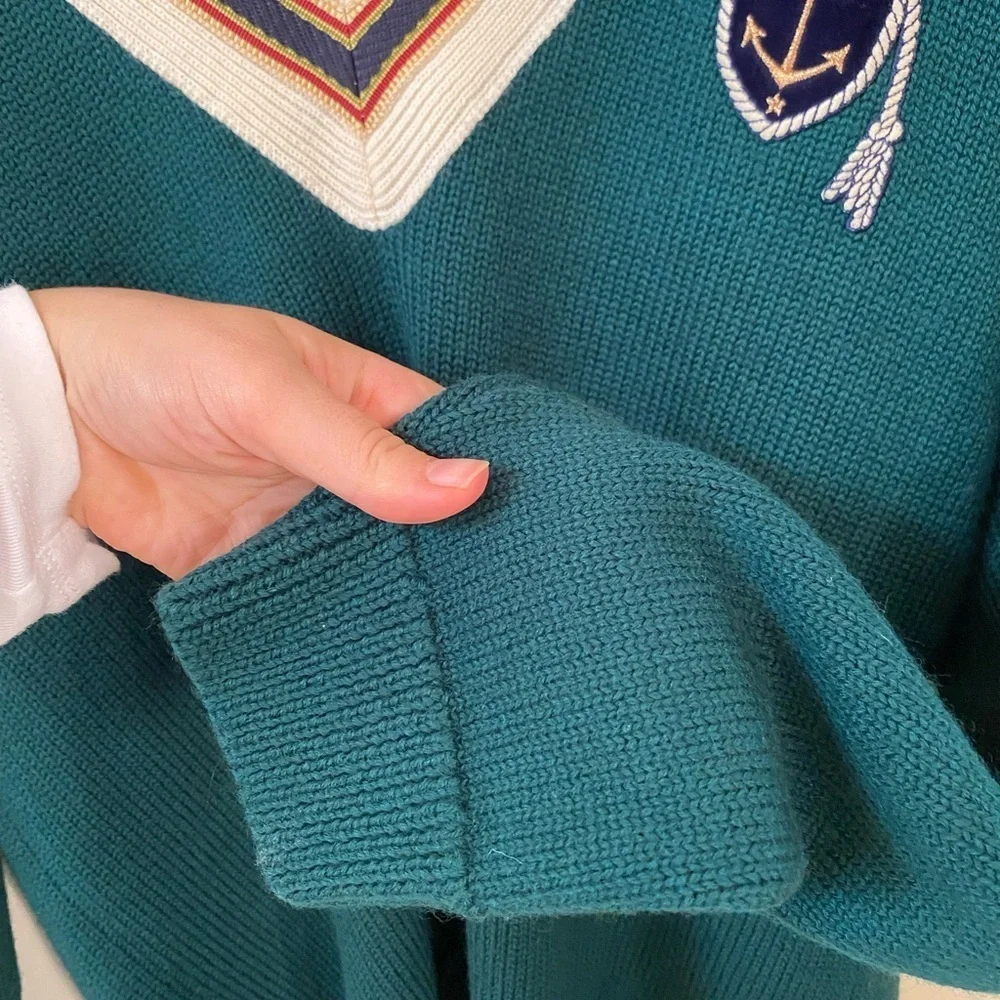 Gucci Forest Green Anchor Crest V Neck Wool Sweater Made Italy Varsity College